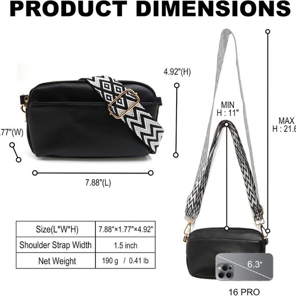 Lightweight Women's Crossbody Bag - Triple Zipper Vegan Leather Handbag, Black - Picture 3 of 6